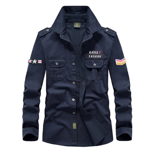 Herren  militärisches Langarmhemd mit gestickten Abzeichen und Brusttaschen EB