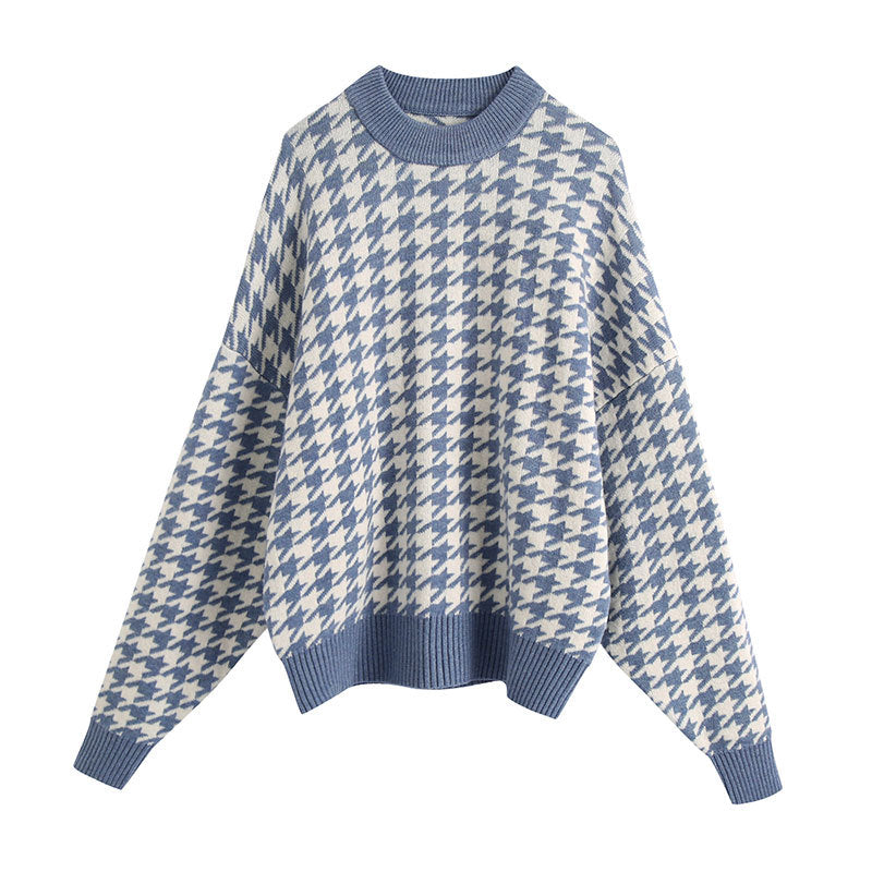 Damen Grob gestrickter Pullover mit modischem Hahnentrittmuster EB