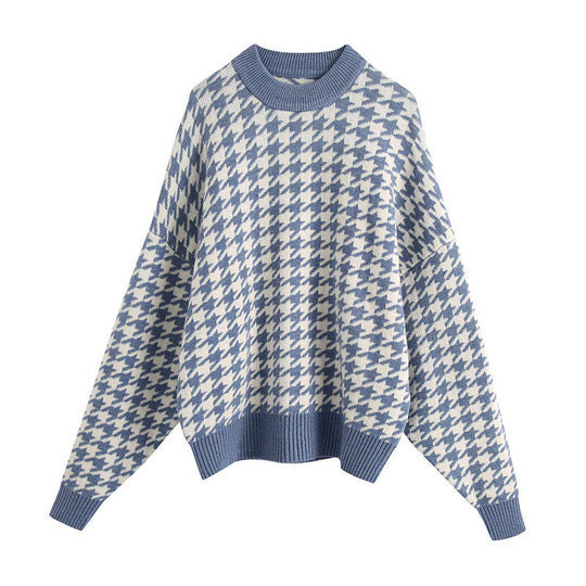 Damen Grob gestrickter Pullover mit modischem Hahnentrittmuster EB