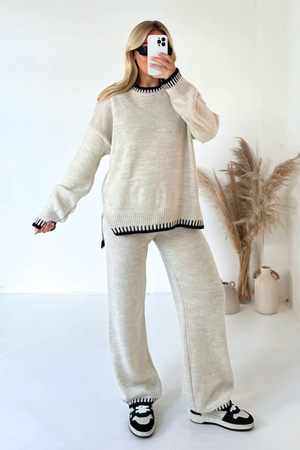 Damen nan lässiger Strick-Hausanzug mit Oversize-Pullover und weiter Strickhose EB