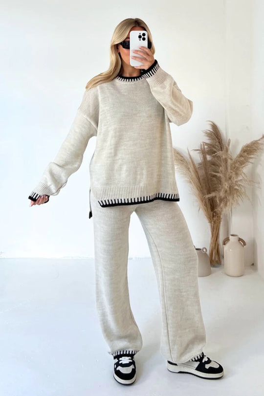 Damen nan lässiger Strick-Hausanzug mit Oversize-Pullover und weiter Strickhose EB