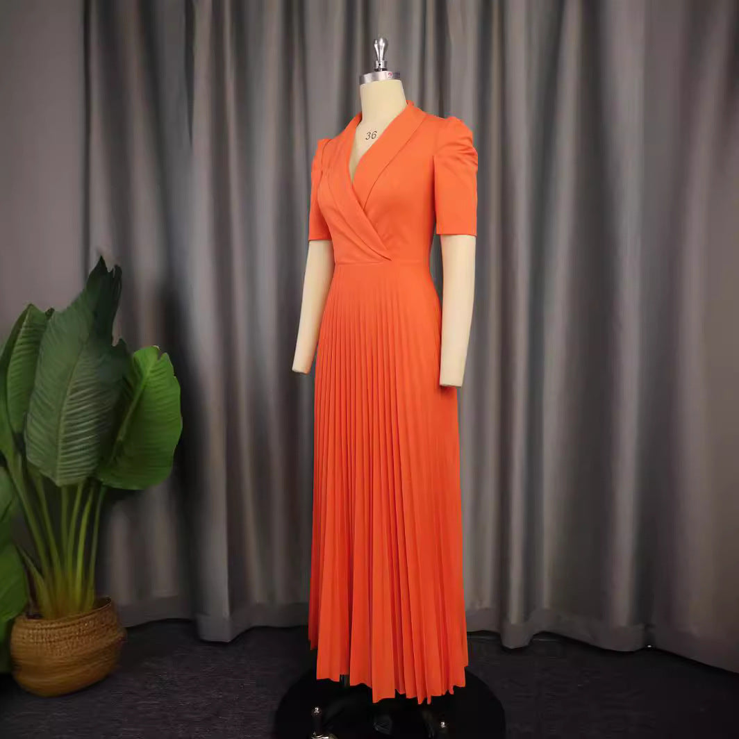 Damen elegantes Wickelkleid mit plissiertem Rock und Puffärmeln EB