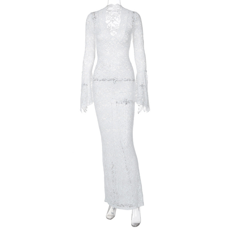 Damen Figurbetontes Spitzenkleid mit tiefem V-Ausschnitt und nostalgischen Puffärmeln EB