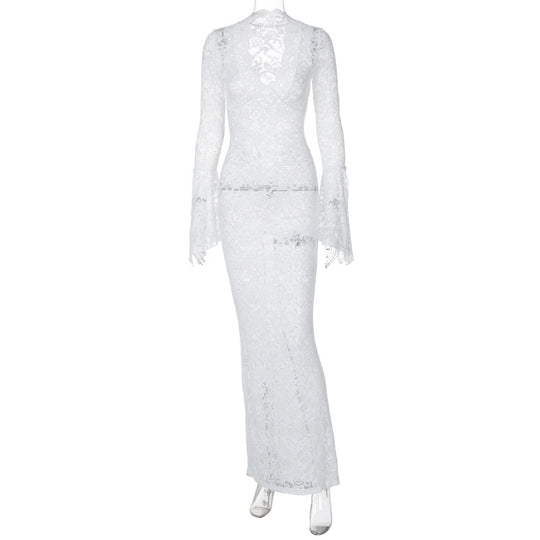 Damen Figurbetontes Spitzenkleid mit tiefem V-Ausschnitt und nostalgischen Puffärmeln EB