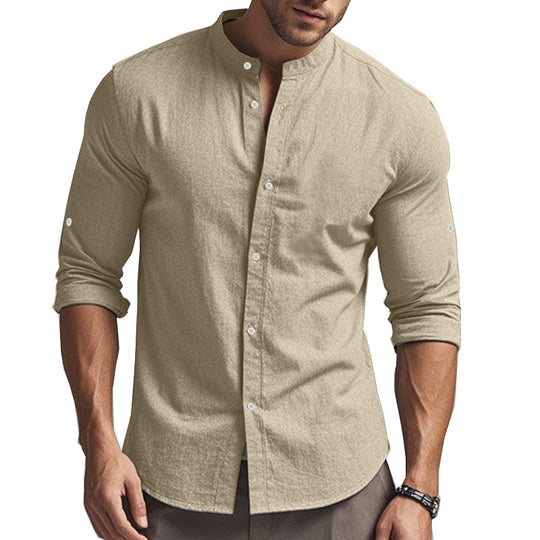 Herren Langarm-Hemd mit modernem Henley-Kragen und kontrastierenden Knopfdetails EB