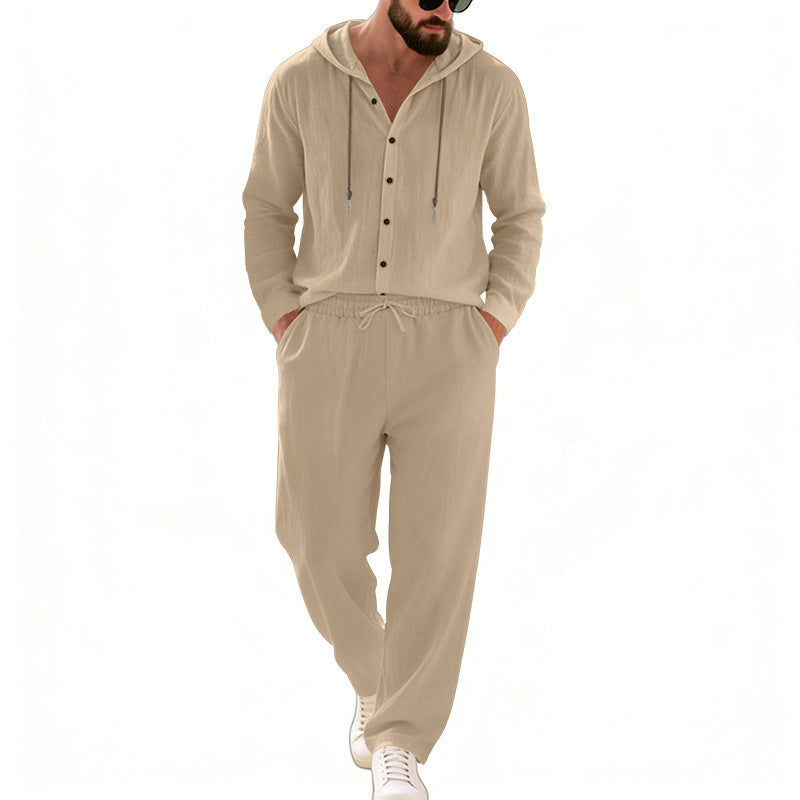 Herren nan legeres Kapuzen-Lounge-Set mit Knopfleiste, Kordelbundhose und seitlichen Eingrifftaschen EB