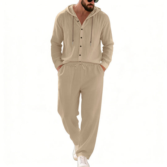Herren nan legeres Kapuzen-Lounge-Set mit Knopfleiste, Kordelbundhose und seitlichen Eingrifftaschen EB