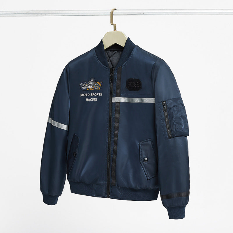 Men's  motorcycle-inspired reflective pilot bomber jacket with embroidered racing badge EB