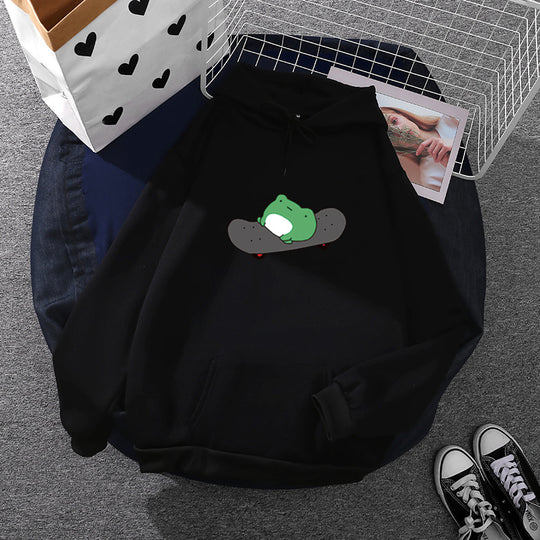Unisex nan Kapuzenpullover mit Skater-Frosch-Print, weichem Fleece-Innenfutter und Kängurutasche EB
