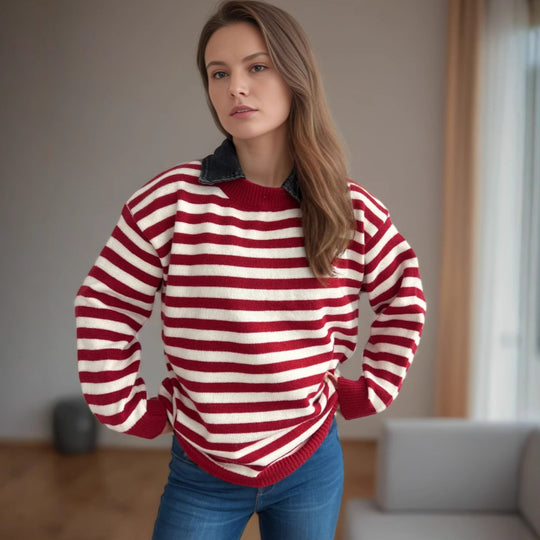 Damen lässiger Pullover mit strukturellem Streifenmuster und modischem Kragen EB