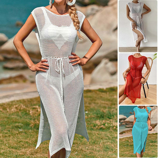 Damen Häkel-Strandkleid mit elegantem Schlitzdesign EB