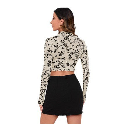 Damen Crop-Top mit floralem Rüschendesign und langen Ärmeln EB