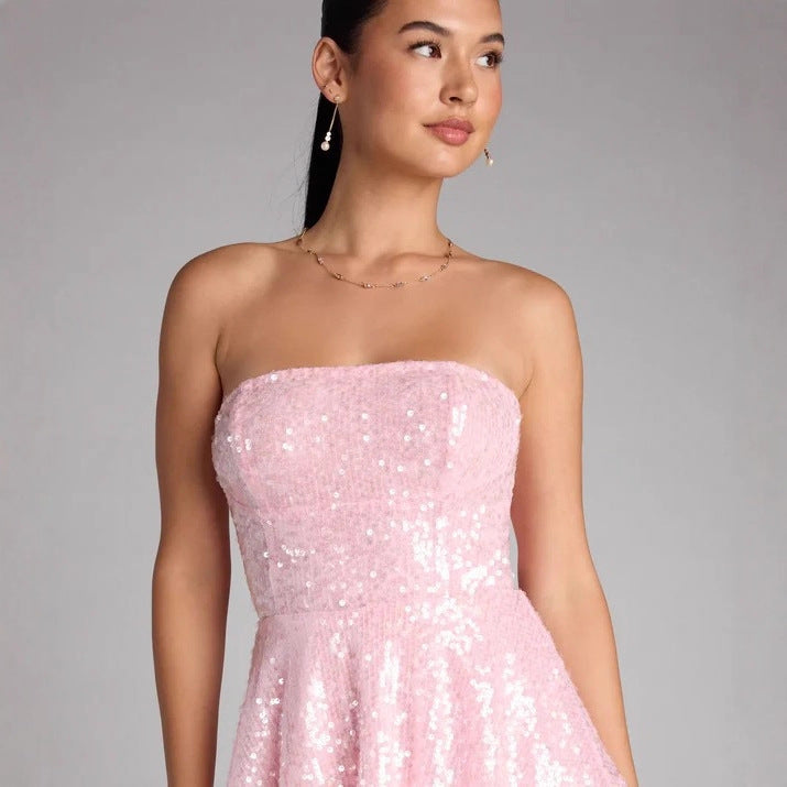 Damen Glamouröses Strass Minikleid EB