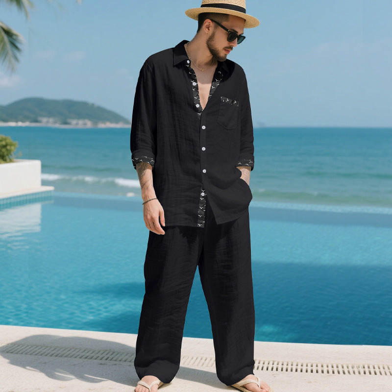 Herren Leinenoptik-Loungewear-Set mit Kordelzughose und offenem Hemdjacke EB