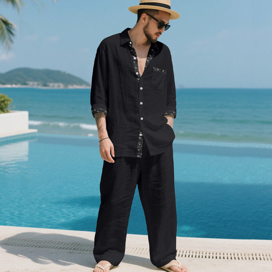 Herren Leinenoptik-Loungewear-Set mit Kordelzughose und offenem Hemdjacke EB