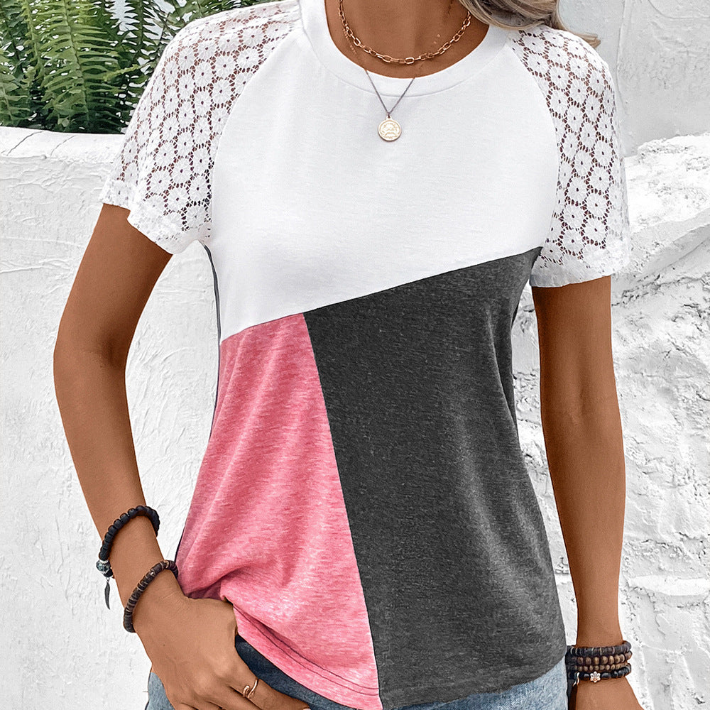 Damen modisches T-Shirt mit Spitzenärmeln und Farbblockdesign EB