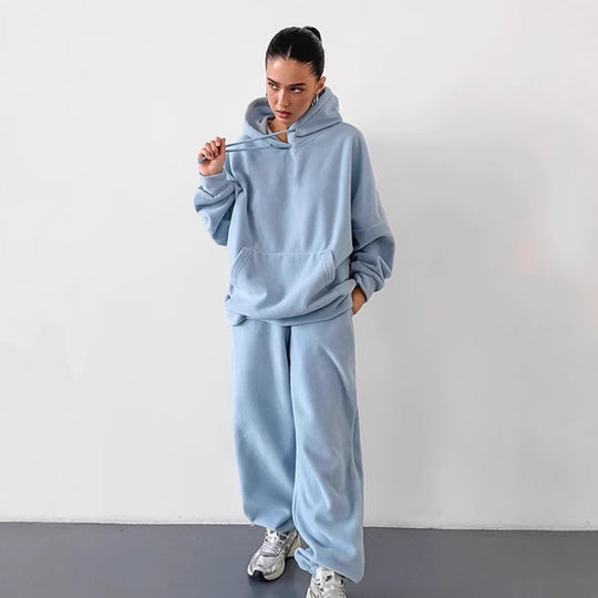 Damen Fleece Lounge-Set mit weiten Beinen und Kapuze EB