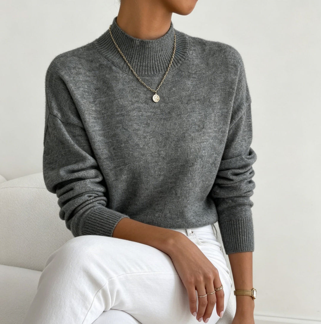 Damen kuscheliger Feinstrickpullover mit Stehkragen und überschnittener Schulter EB