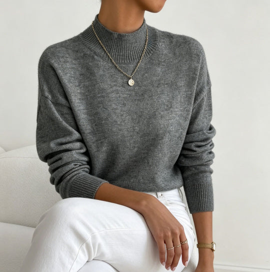 Damen kuscheliger Feinstrickpullover mit Stehkragen und überschnittener Schulter EB