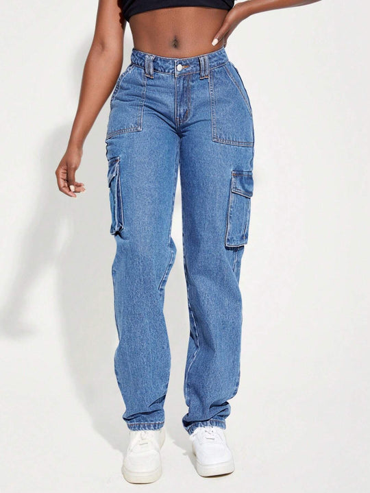 Damen Vintage Cargo Jeans mit elastischem Bund und seitlichen Taschen EB