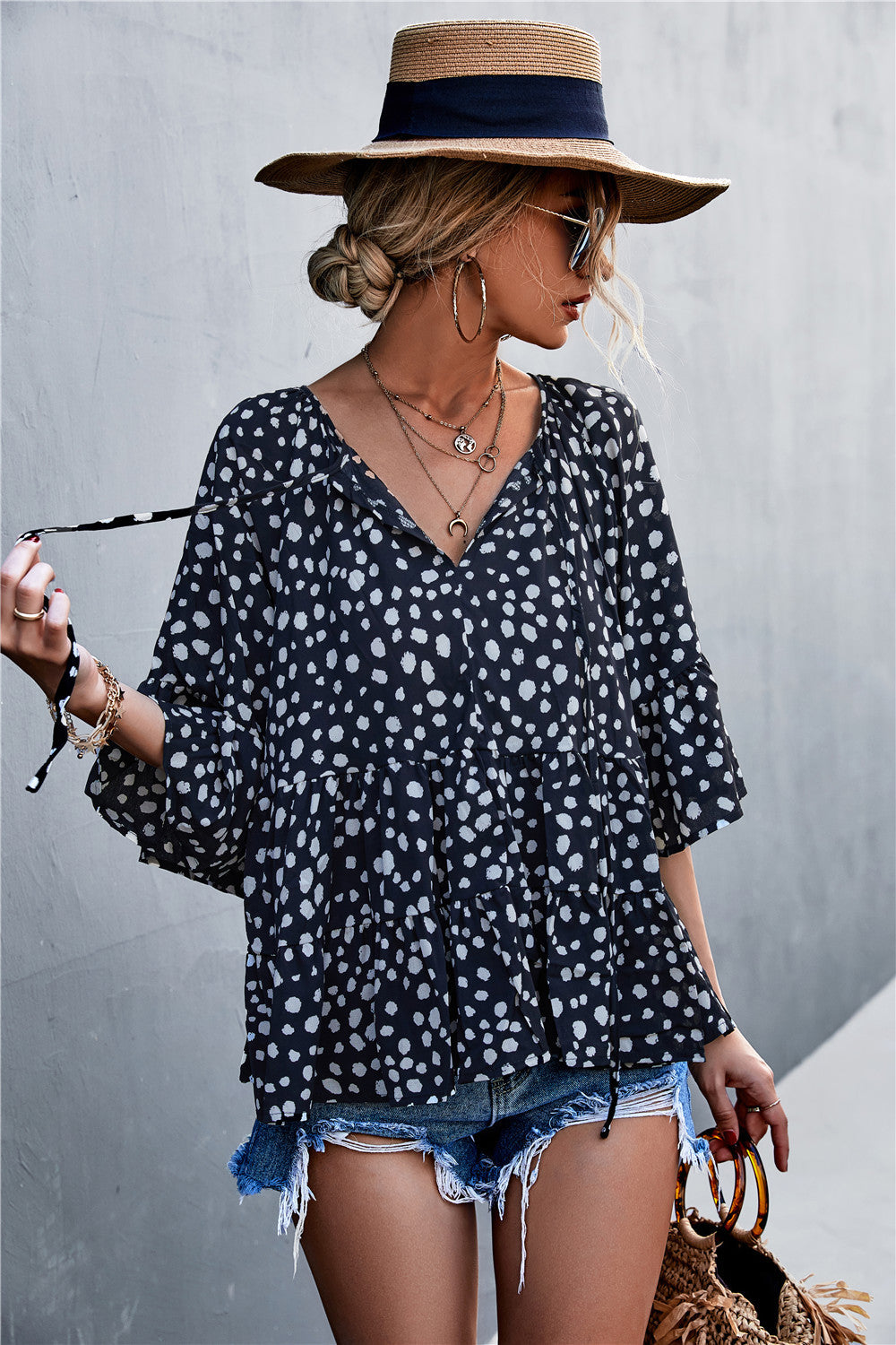 Damen lässige Bluse mit voluminösen Ärmel und modischem Punktmuster EB