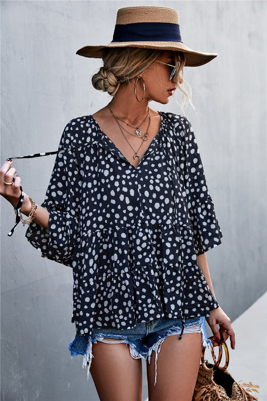 Damen lässige Bluse mit voluminösen Ärmel und modischem Punktmuster EB
