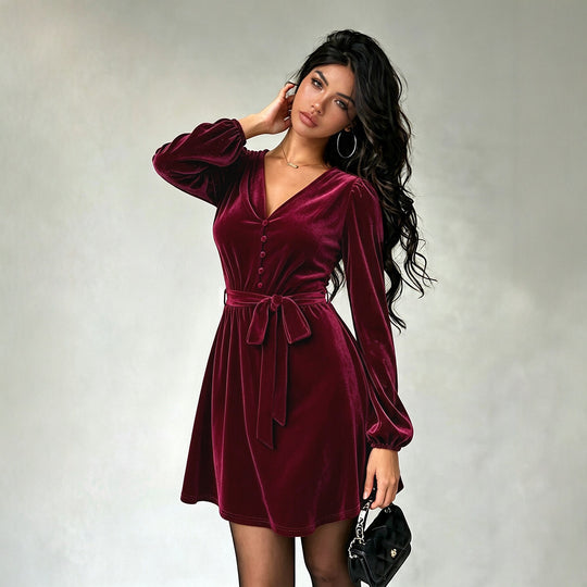 Damen elegantes Samt-Minikleid mit V-Ausschnitt Knopfleiste Ballonärmeln und Taillengürtel Eichborn Berlin
