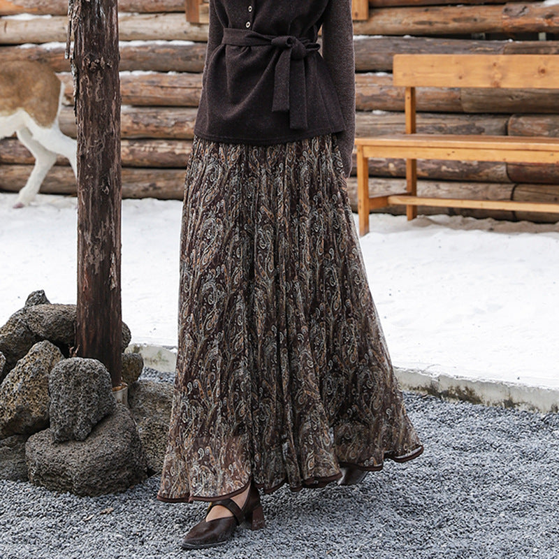 Damen  voluminöser Chiffon-Tellerrock im Paisley-Motiv mit elastischem Taillenbund EB
