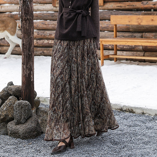 Damen  voluminöser Chiffon-Tellerrock im Paisley-Motiv mit elastischem Taillenbund EB