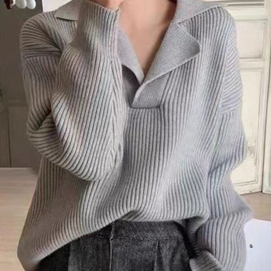 Damen lässiger Feinstrickpullover mit weichem Kragen und Rippstruktur EB