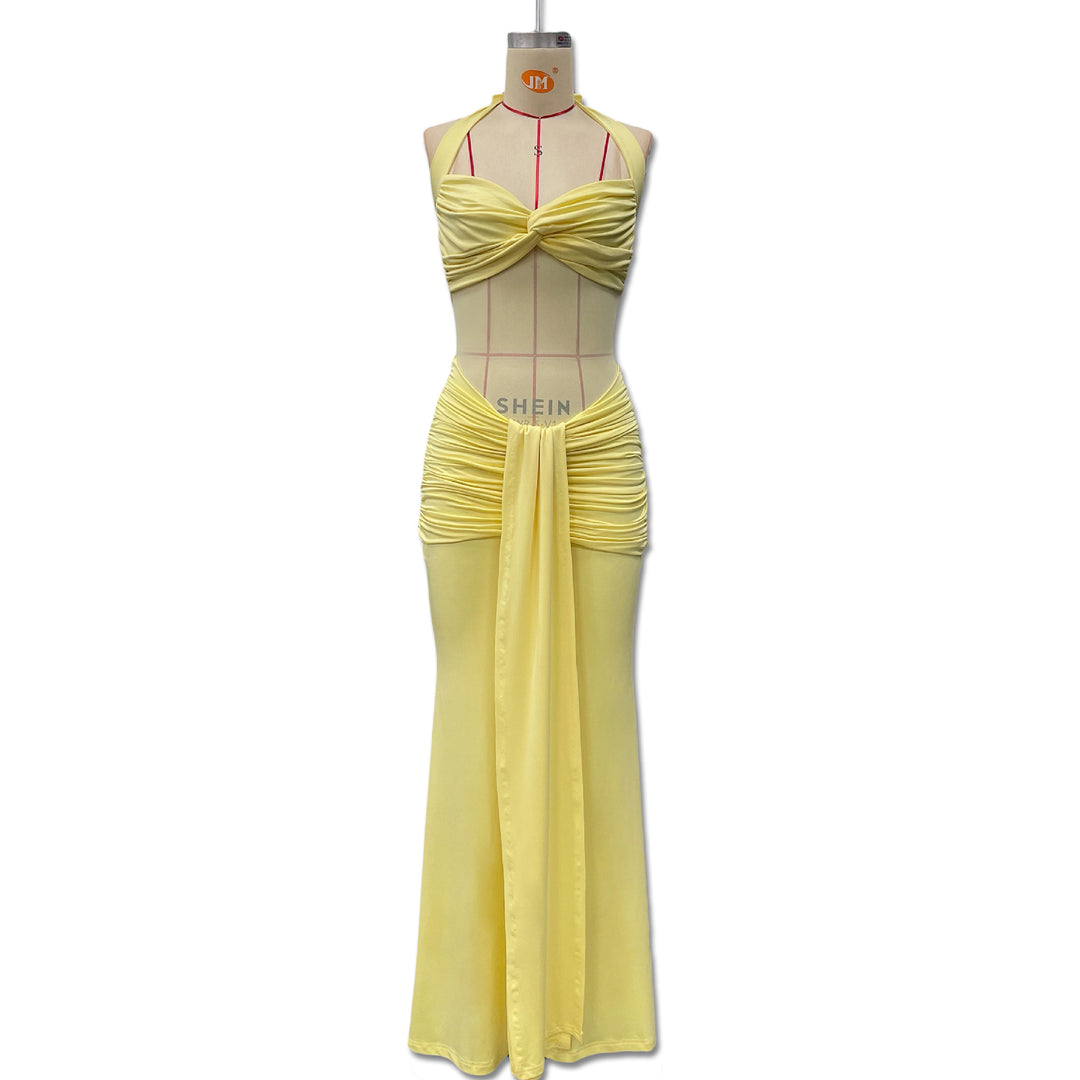 Damen Elegantes Maxikleid mit Tiefem Rückenausschnitt und Raffinierten Falten EB