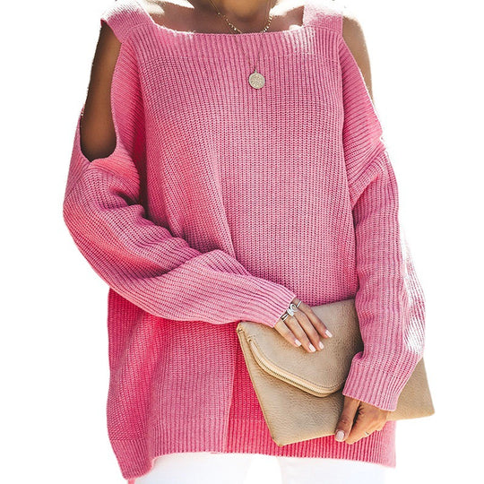 Damen lässiger Strickpullover mit offenen Schultern und großzügigem Schnitt EB