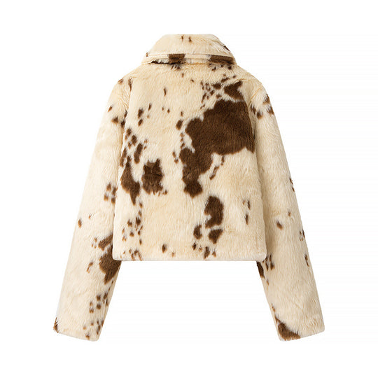 Damen Modische Kunstfelljacke mit tierischem Muster und elegantem Kragen EB