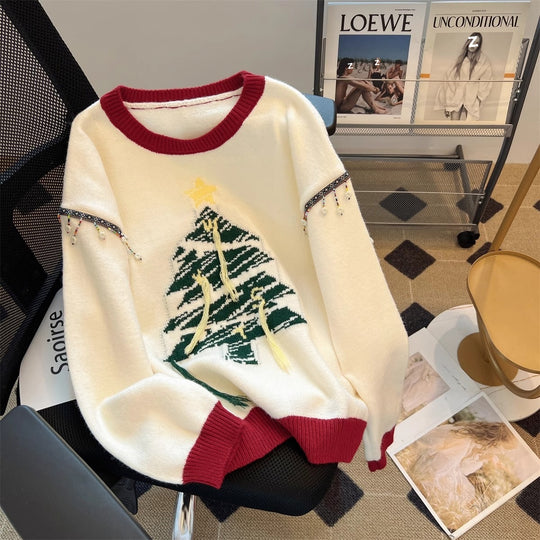 Damen festlicher Strickpullover mit Tannenbaum-Motiv und verspielten Akzenten EB