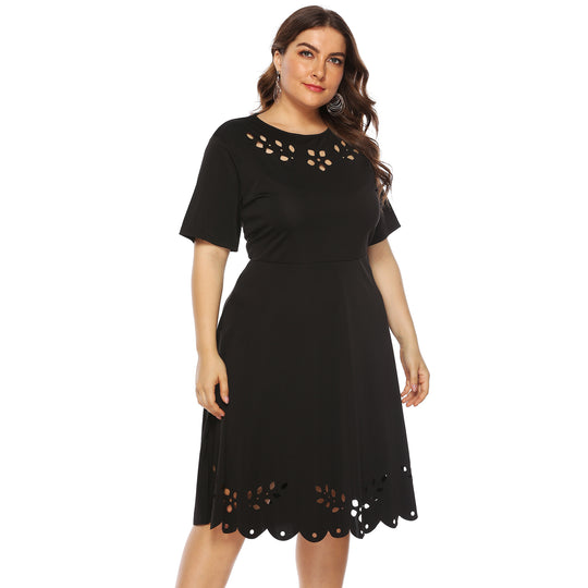 Damen elegantes Kleid mit durchbrochenem Kragen und wellenförmigem Saum EB
