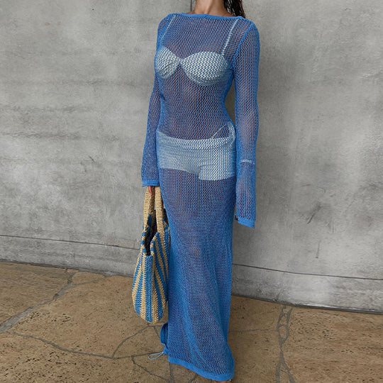 Damen Häkel-Strandmaxikleid mit weitem Schnitt und eleganten Glockenärmeln EB
