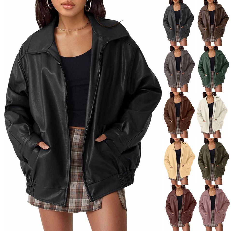 Damen modische und oversized Kunstlederjacke EB