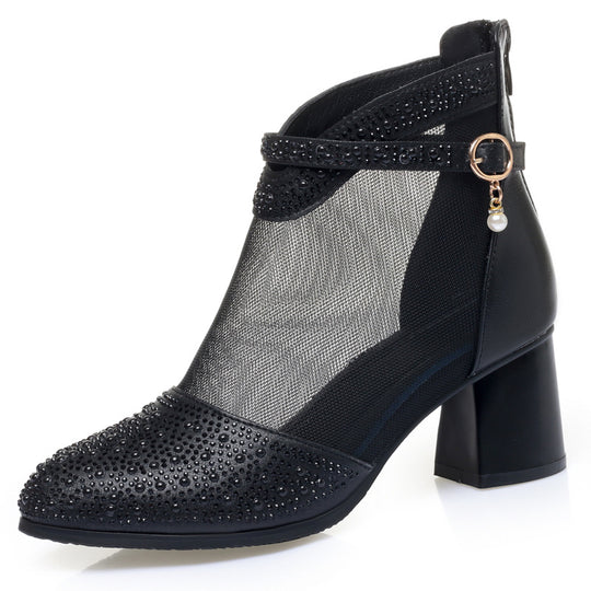 Damen Elegante Stiefeletten mit funkelnden Strassakzenten und feinem Netzdesign EB