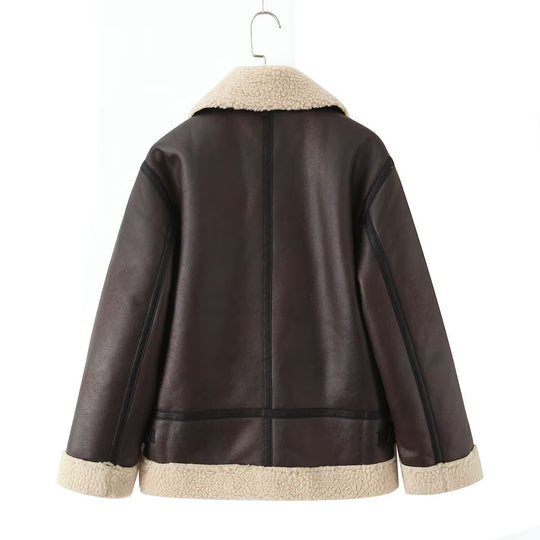 Damen Kunstlederjacke mit warmem Sherpa-Futter und praktischen Reißverschlusstaschen EB