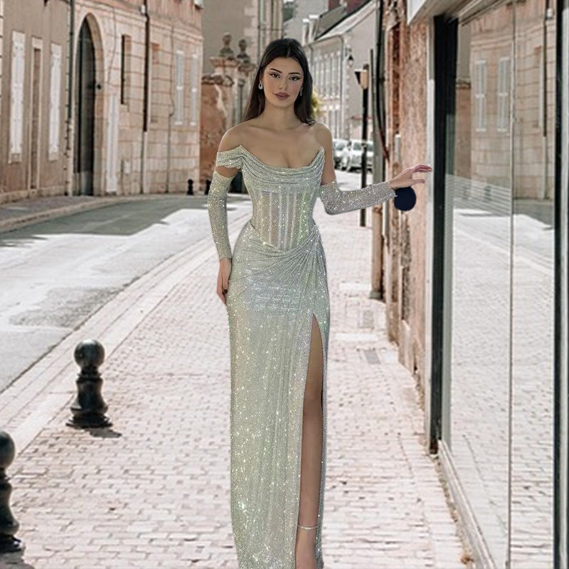 Damen Elegantes Abendkleid mit schimmerndem Schmuckdetail und drapiertem Rock EB