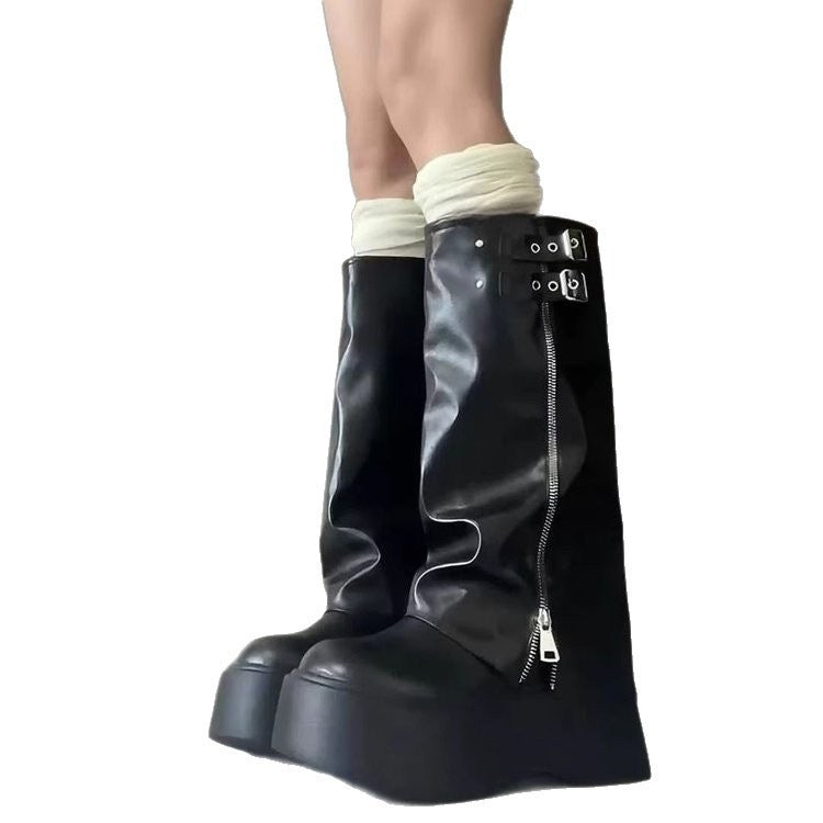 Damen Overknee Stiefel mit verstellbaren Riemen und modischem Reißverschluss EB