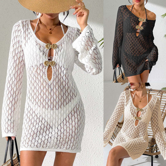 Damen Häkel-Strandkleid mit tiefem V-Ausschnitt und eleganten Knöpfen EB