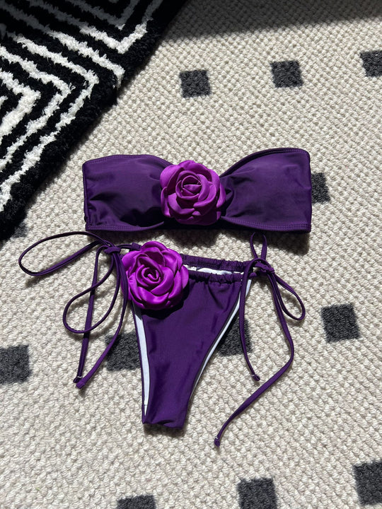 Damen Bandeau-Bikini mit dekorativer Blumenapplikation EB