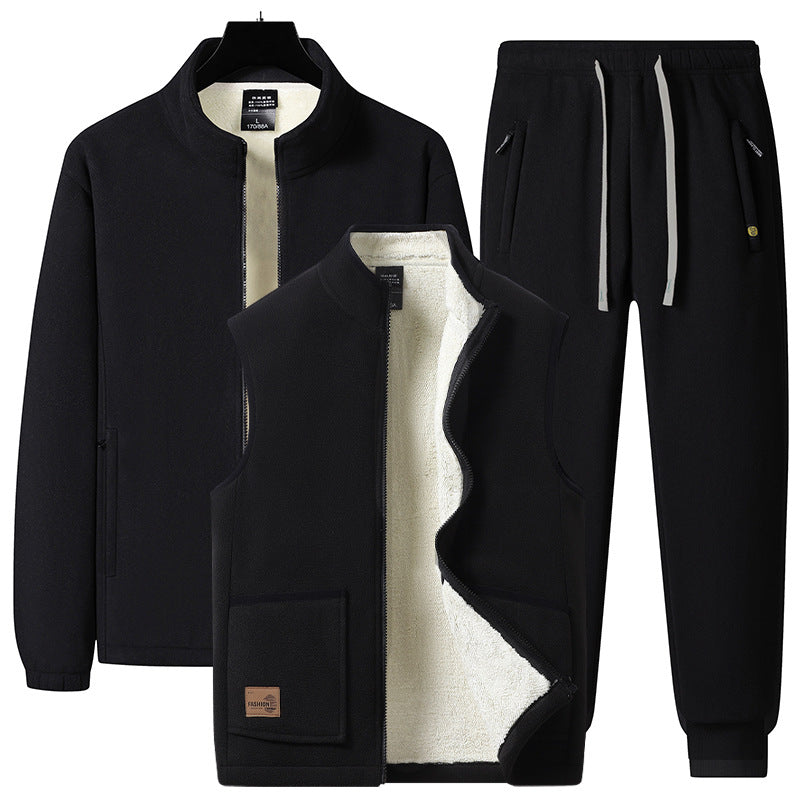 Herren dreiteiliges Fleece-Set mit wattierter Weste, Stehkragenjacke und Jogginghose EB