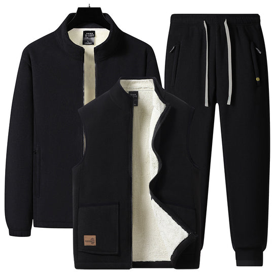 Herren dreiteiliges Fleece-Set mit wattierter Weste, Stehkragenjacke und Jogginghose EB