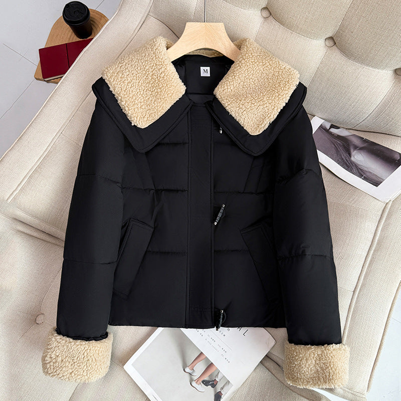 Damen nan kurzer wattierter Steppblouson mit voluminösem Teddykragen und Umschlag-Teddybündchen EB