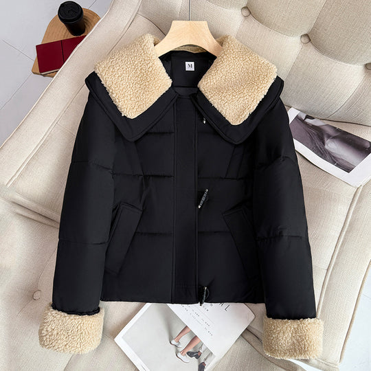 Damen nan kurzer wattierter Steppblouson mit voluminösem Teddykragen und Umschlag-Teddybündchen EB