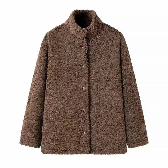 Damen kuschelige Fleecejacke mit hohen Kragen und Druckknopfverschluss EB