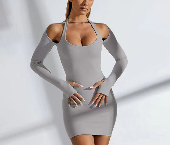 Damen Einseitig Offenes Mini-Kleid mit Langarm EB