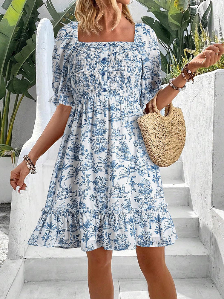 Damen romantisches Sommerkleid mit Puffärmeln und Rüschen EB